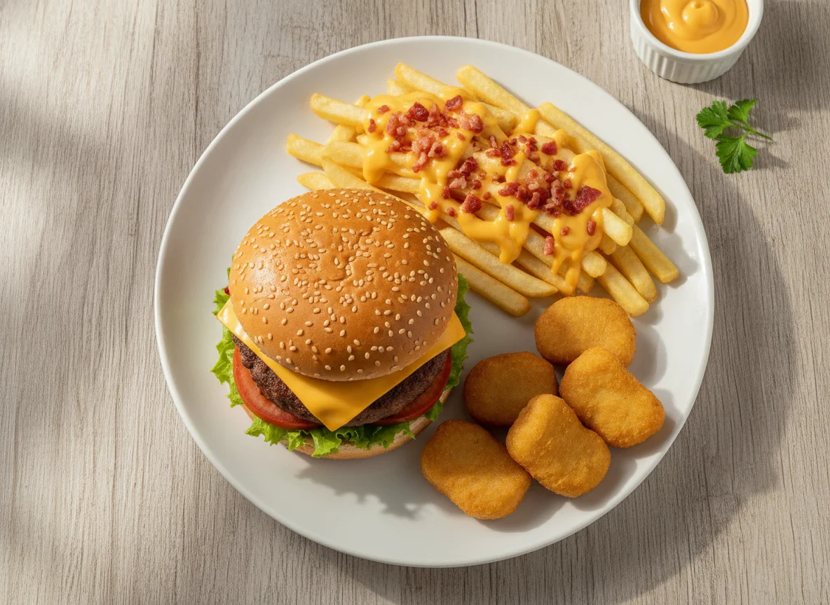 Hambúrgueres, Batata Frita com Cheddar e Bacon e Nuggets photo