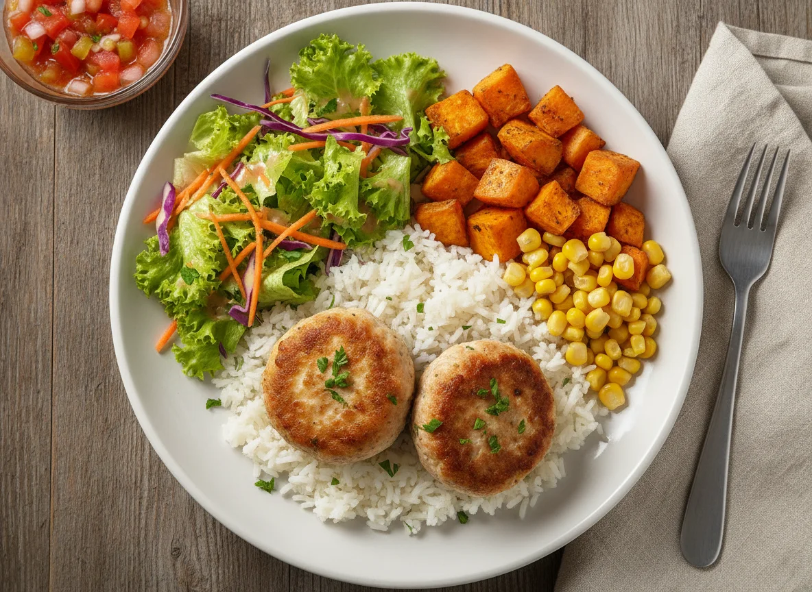 Hambúrgueres de aves com arroz, batata-doce e salada mista photo