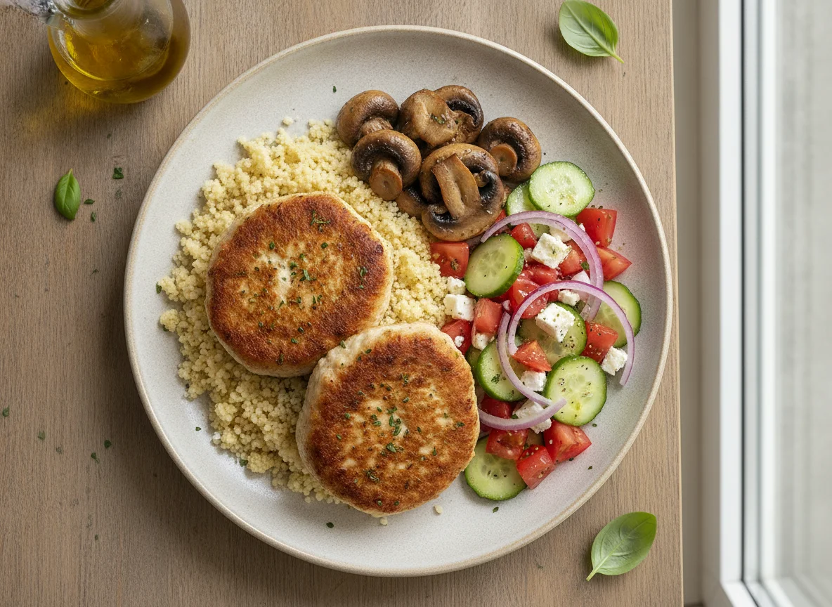 Hambúrgueres de frango com cuscuz, cogumelos e salada grega photo