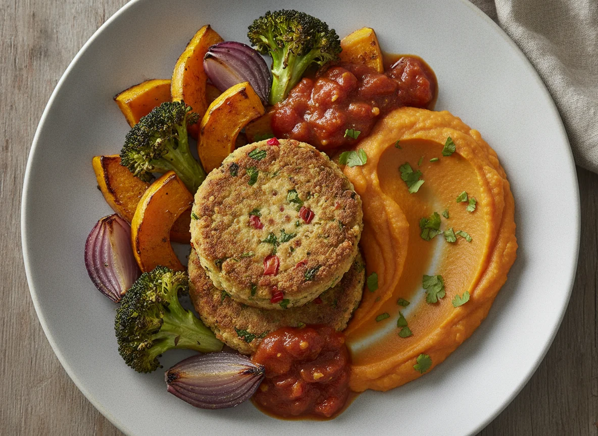 Hambúrgueres de Quinoa com Puré de Batata Doce e Legumes Assados photo