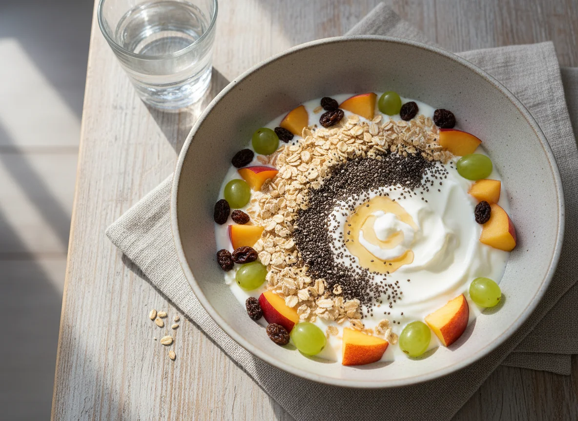 Iogurte com aveia, chia, frutas e uvas passas photo