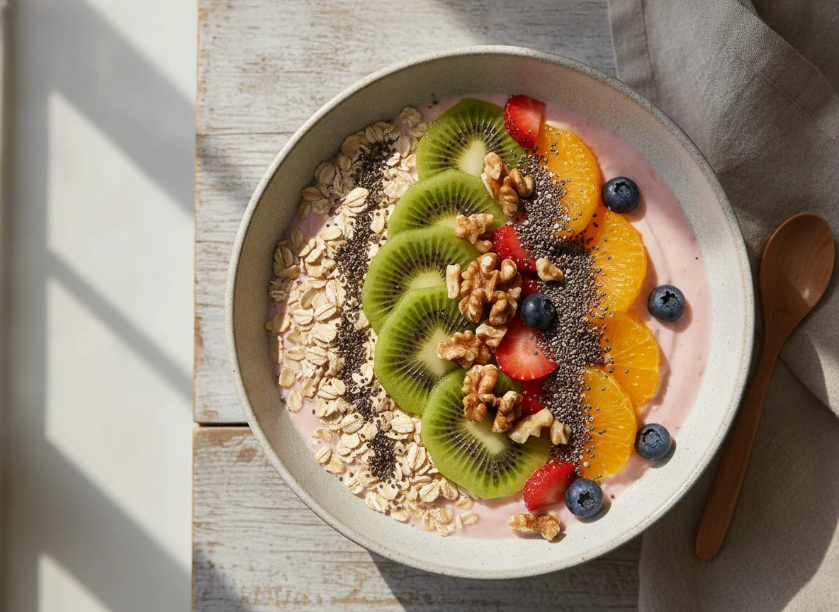 Iogurte com aveia, nozes e frutas photo