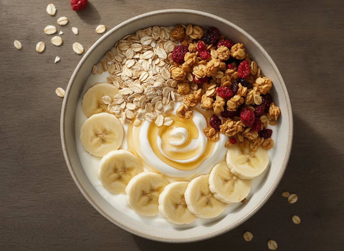 Iogurte com banana, aveia e granola photo