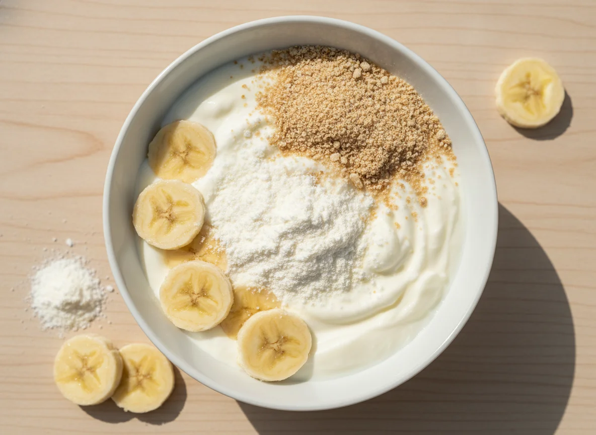 Iogurte com banana, aveia e leite em pó photo
