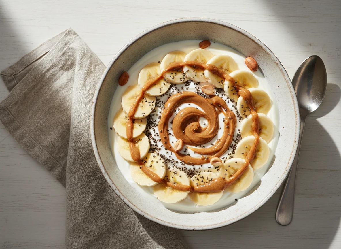 Iogurte com banana, chia e pasta de amendoim photo