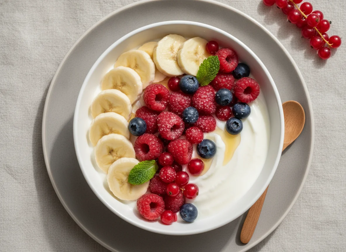 Iogurte com banana e frutas vermelhas photo