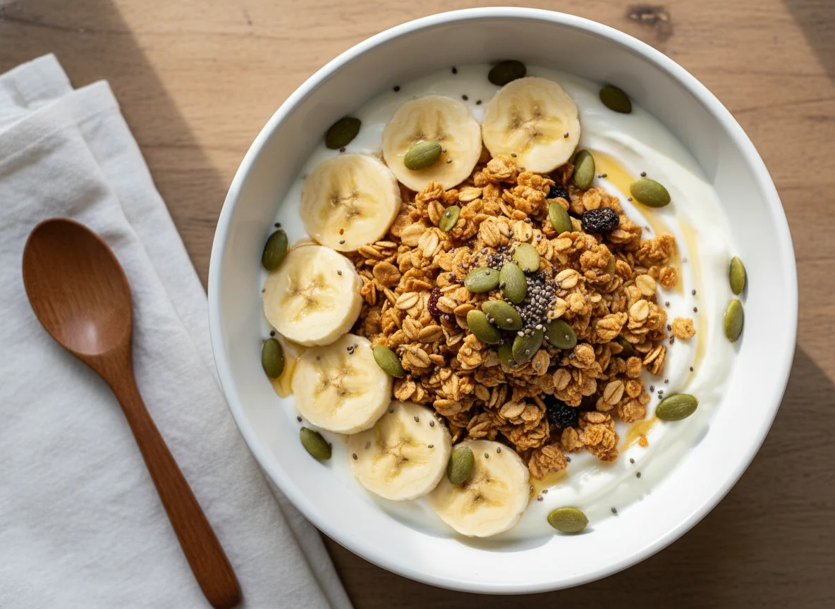 Iogurte com banana e granola photo