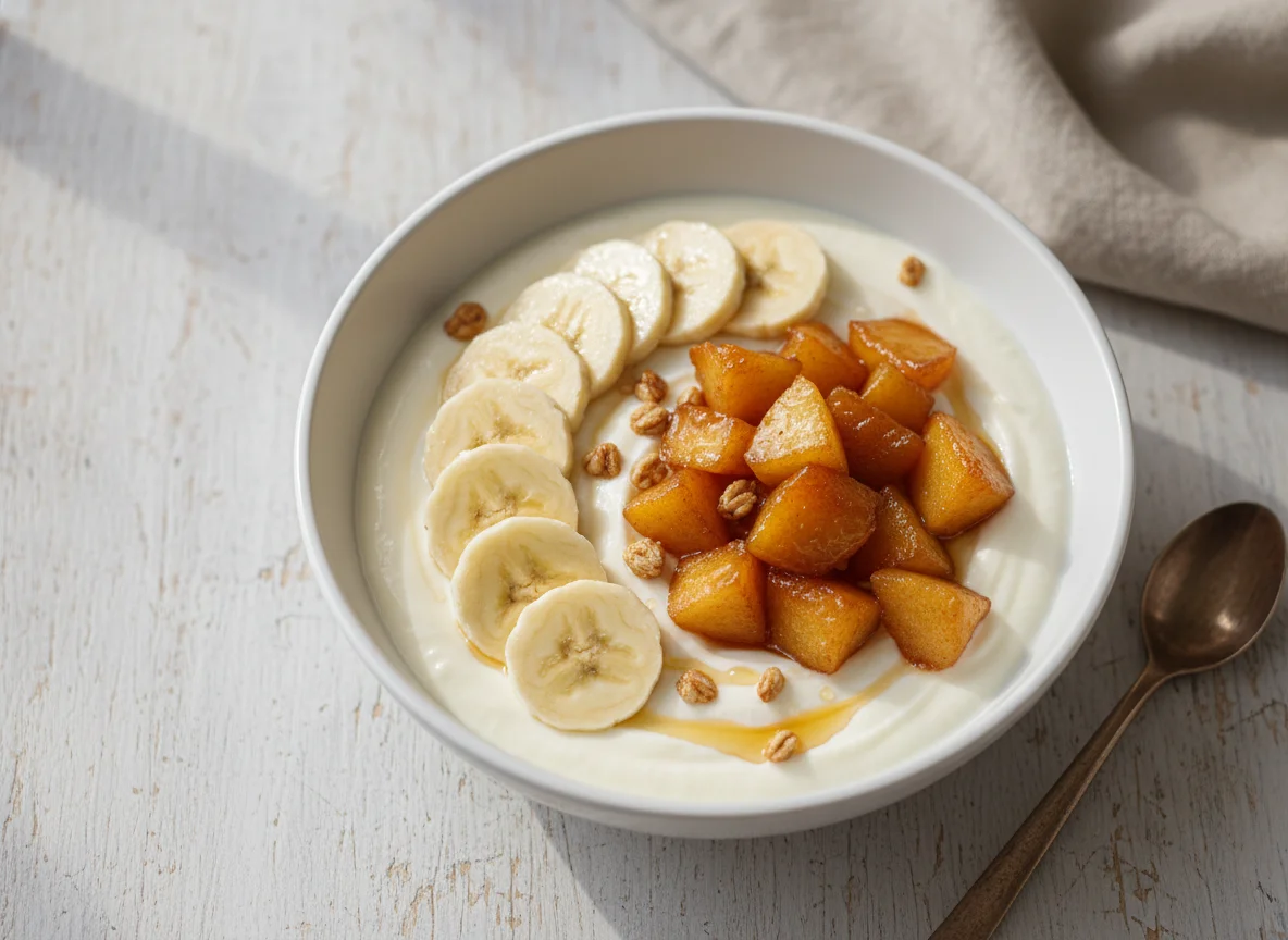 Iogurte com banana e maçã caramelizada photo