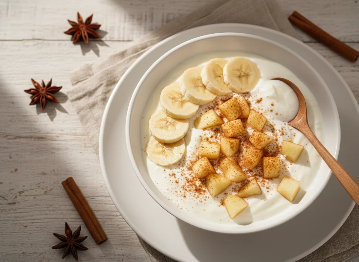 Iogurte com banana e maçã com canela photo