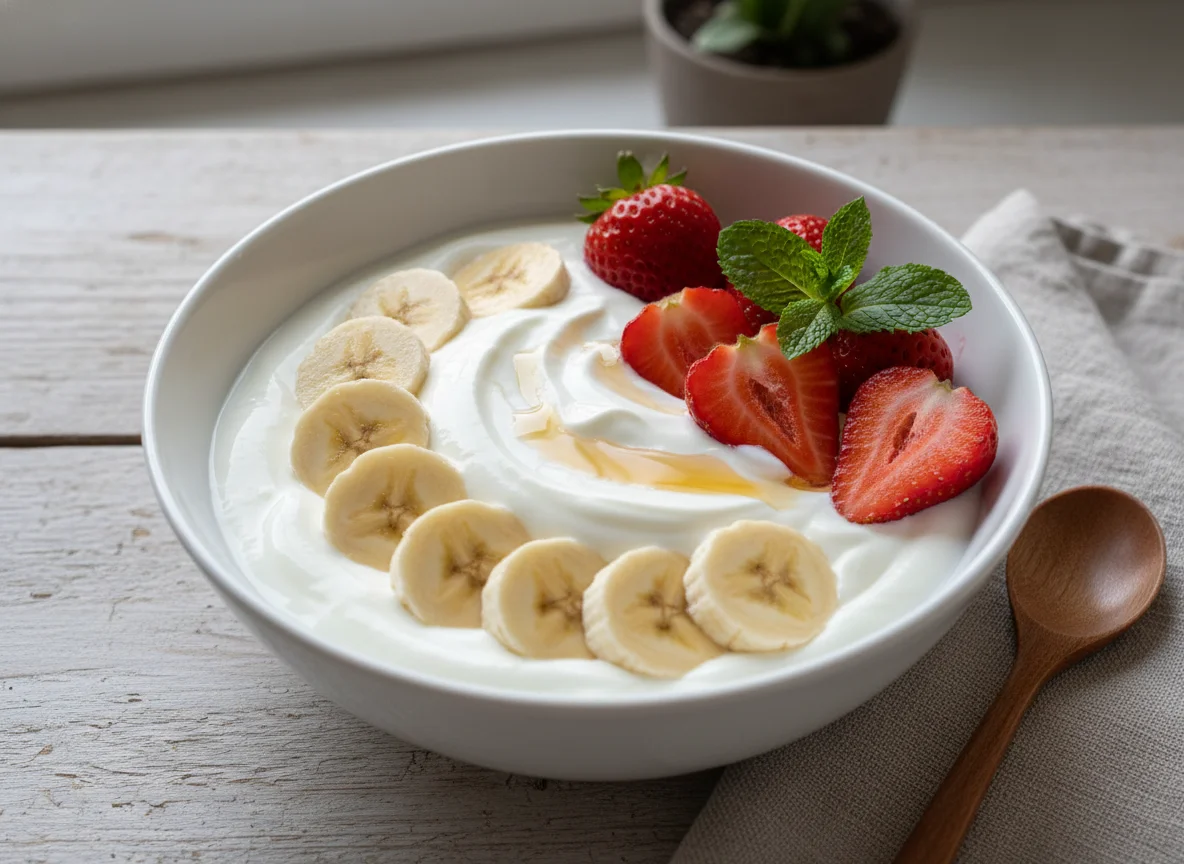 Iogurte com banana e morango photo