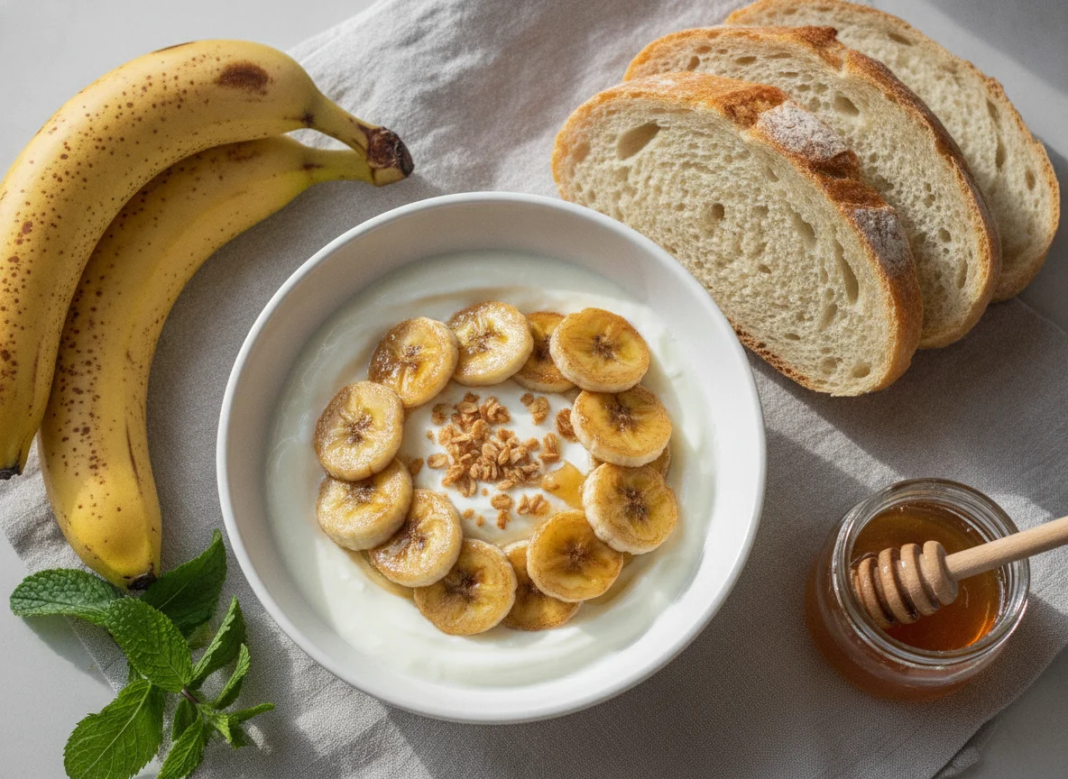 Iogurte com banana e pão photo