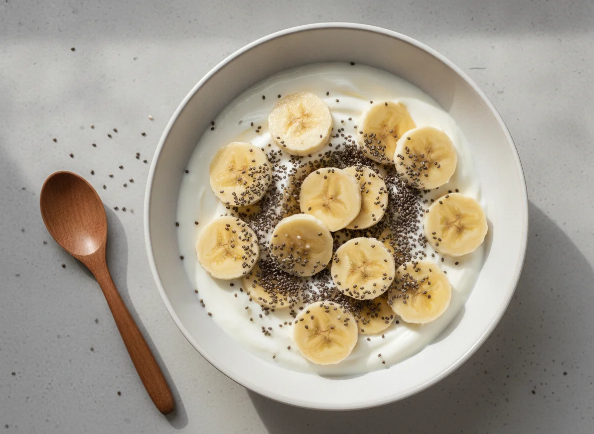 Iogurte com banana e sementes de chia photo