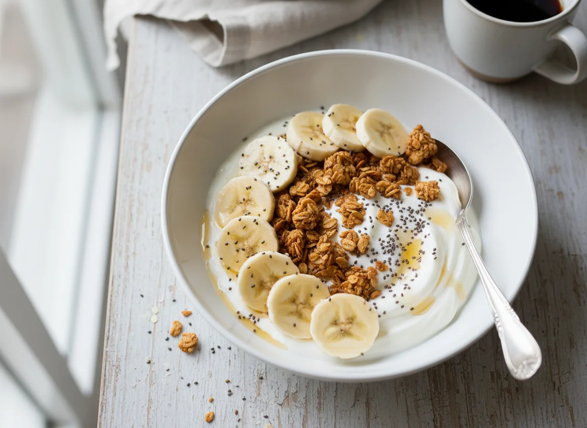 Iogurte com banana, granola e chia photo