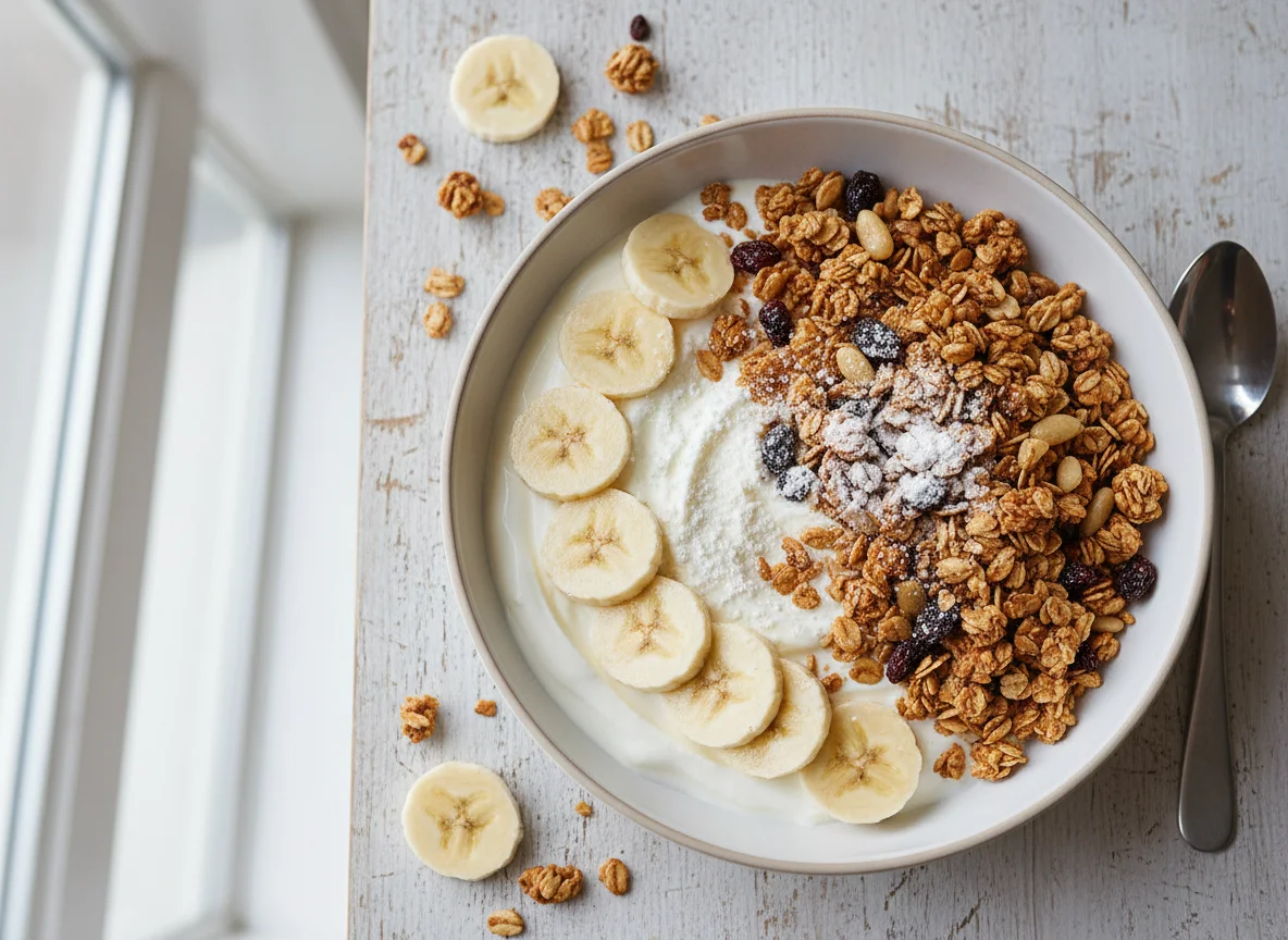 Iogurte com banana, granola e proteína em pó photo