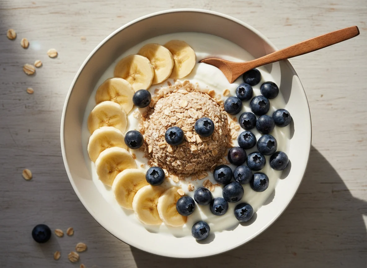 Iogurte com banana, mirtilos e aveia photo
