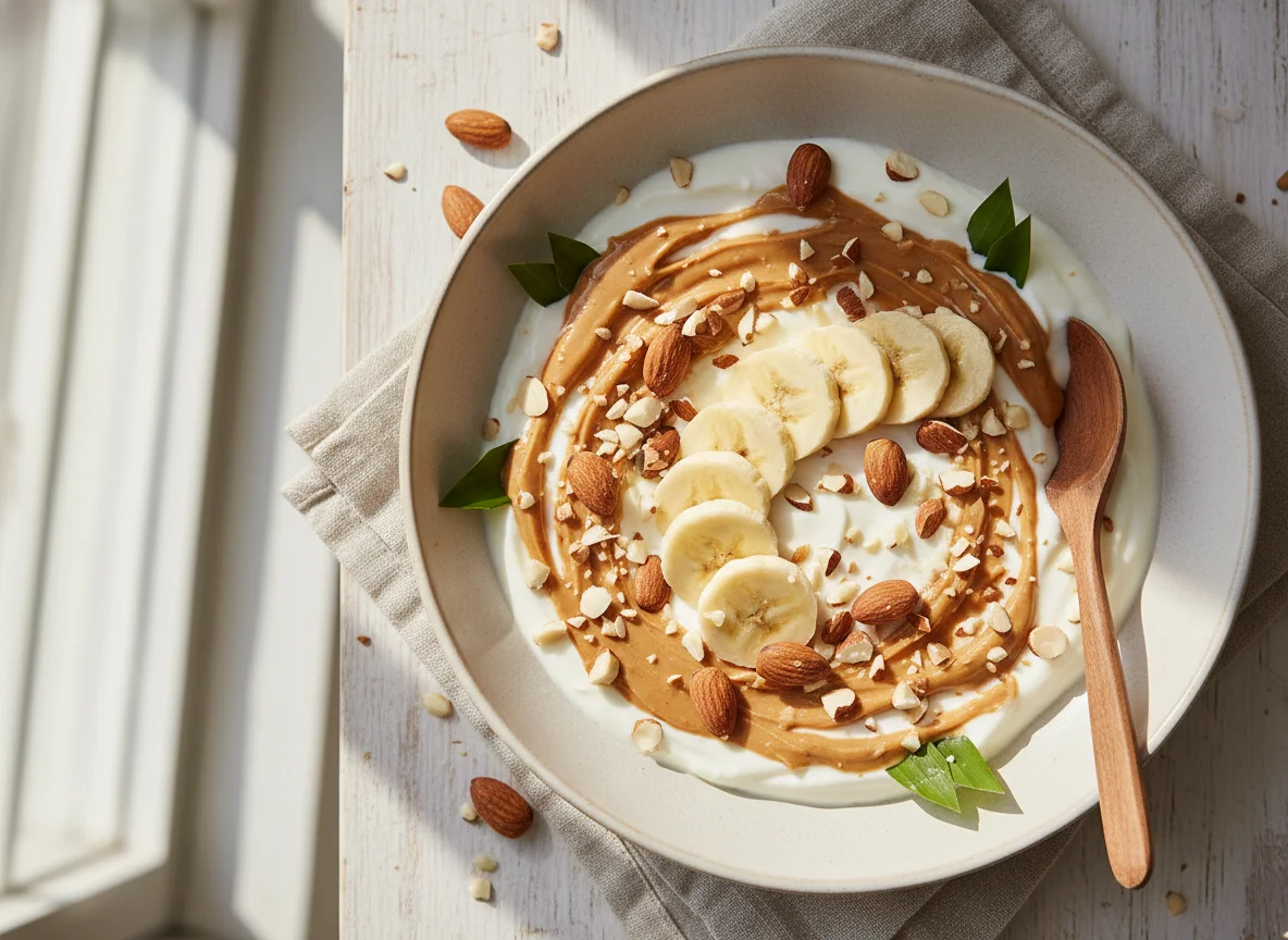 Iogurte com banana, pasta de amendoim e amêndoas photo