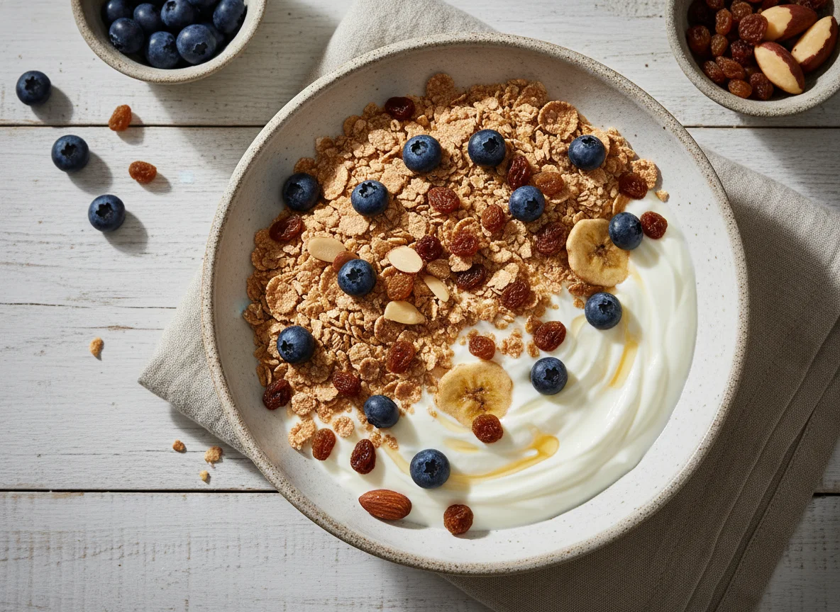 Iogurte com cereais e frutas secas photo