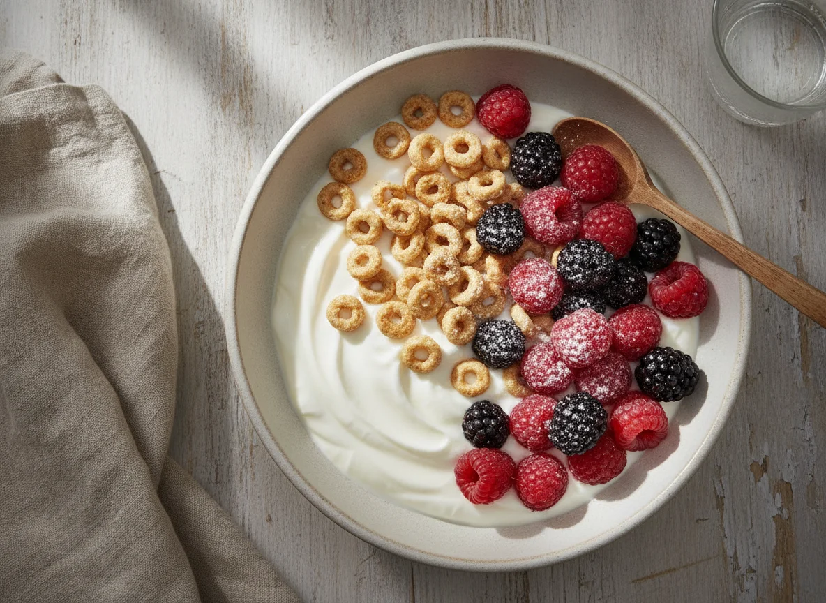Iogurte com cereais e frutos vermelhos photo