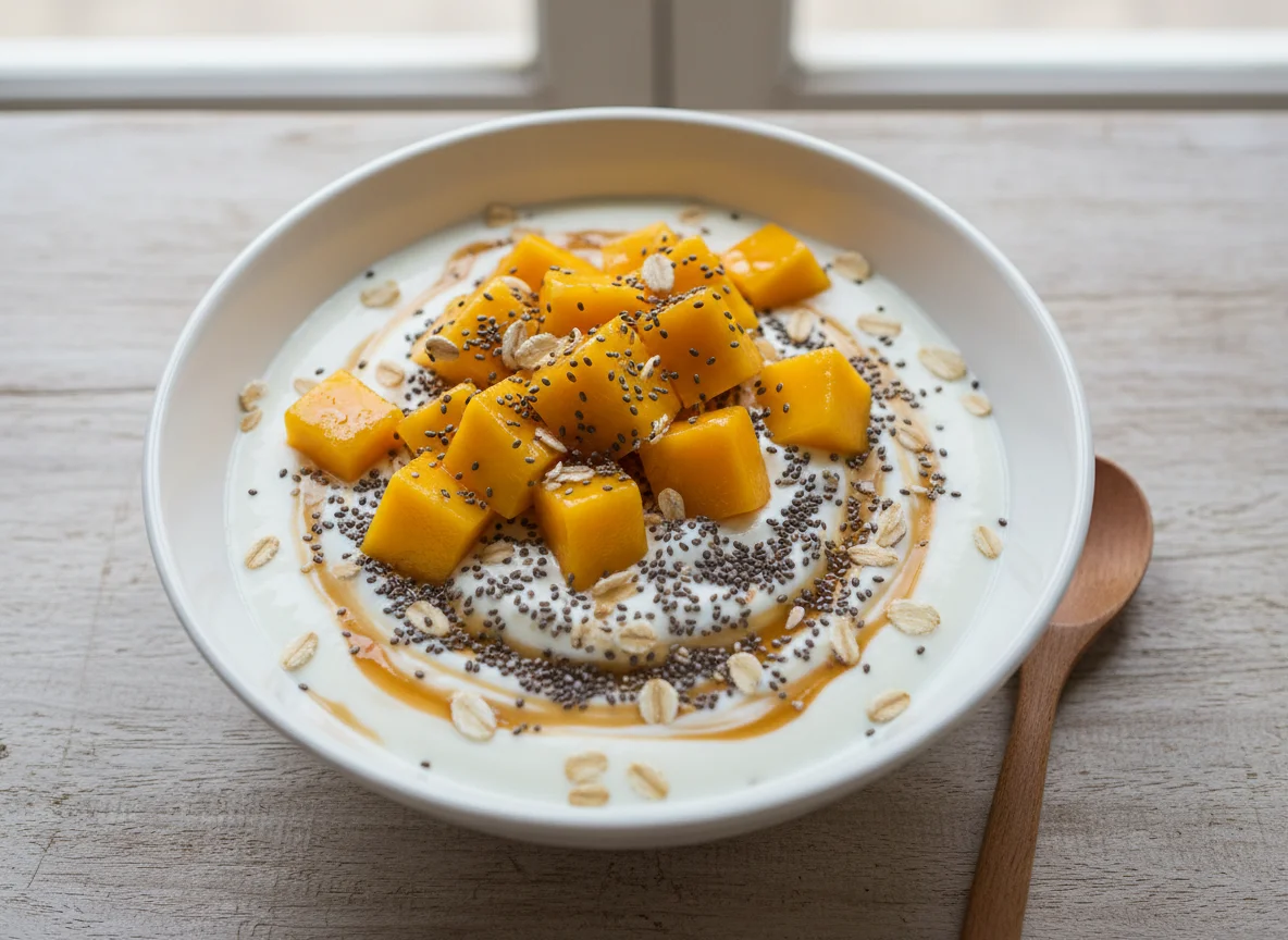 Iogurte com chia, aveia e manga photo