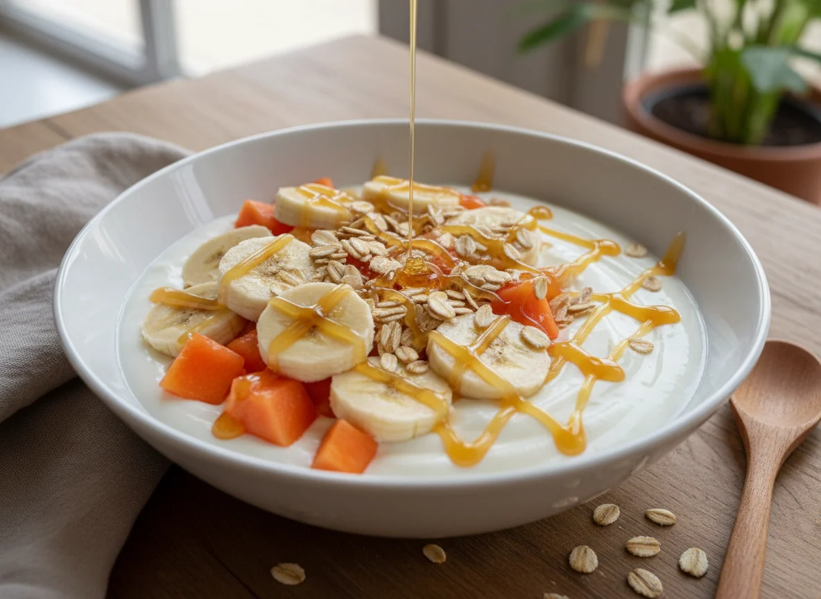 Iogurte com frutas, aveia e mel photo