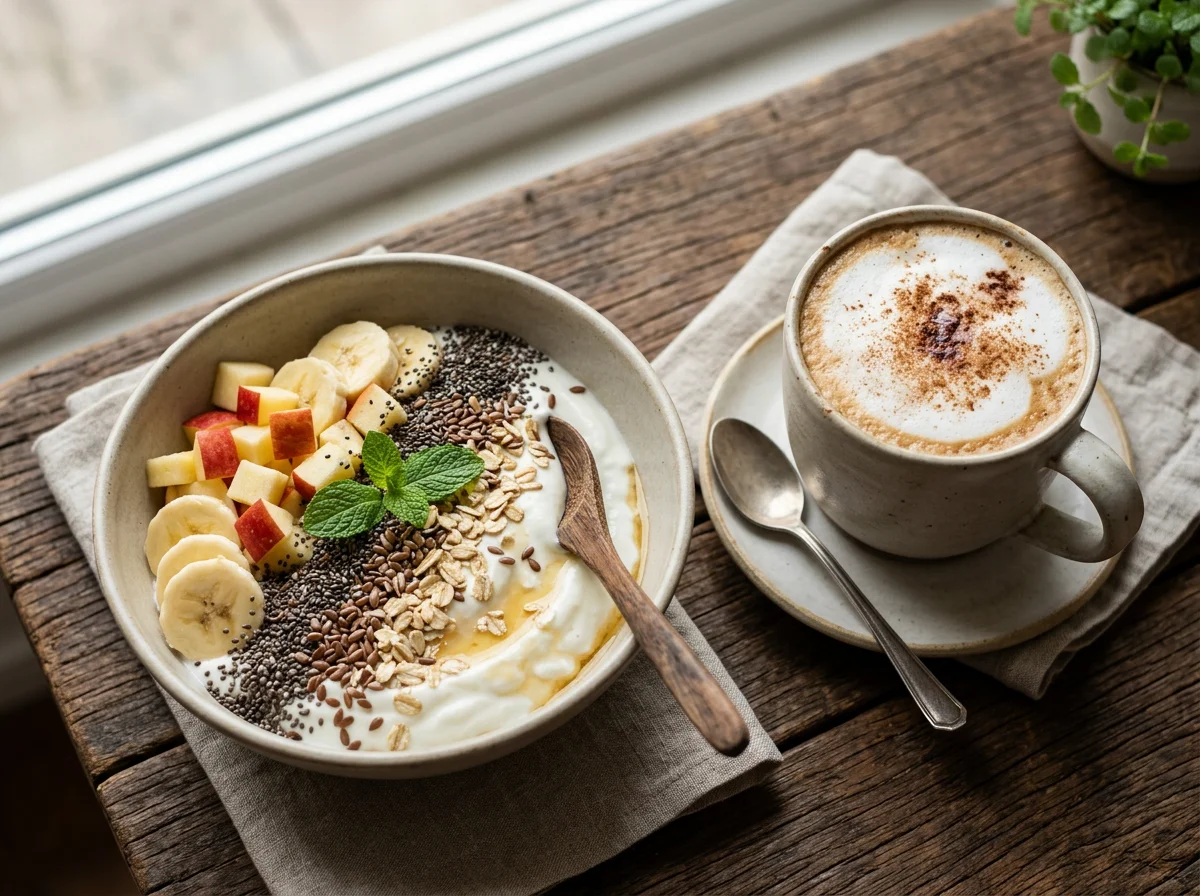 Iogurte com frutas, chia e linhaça e Cappuccino proteico photo
