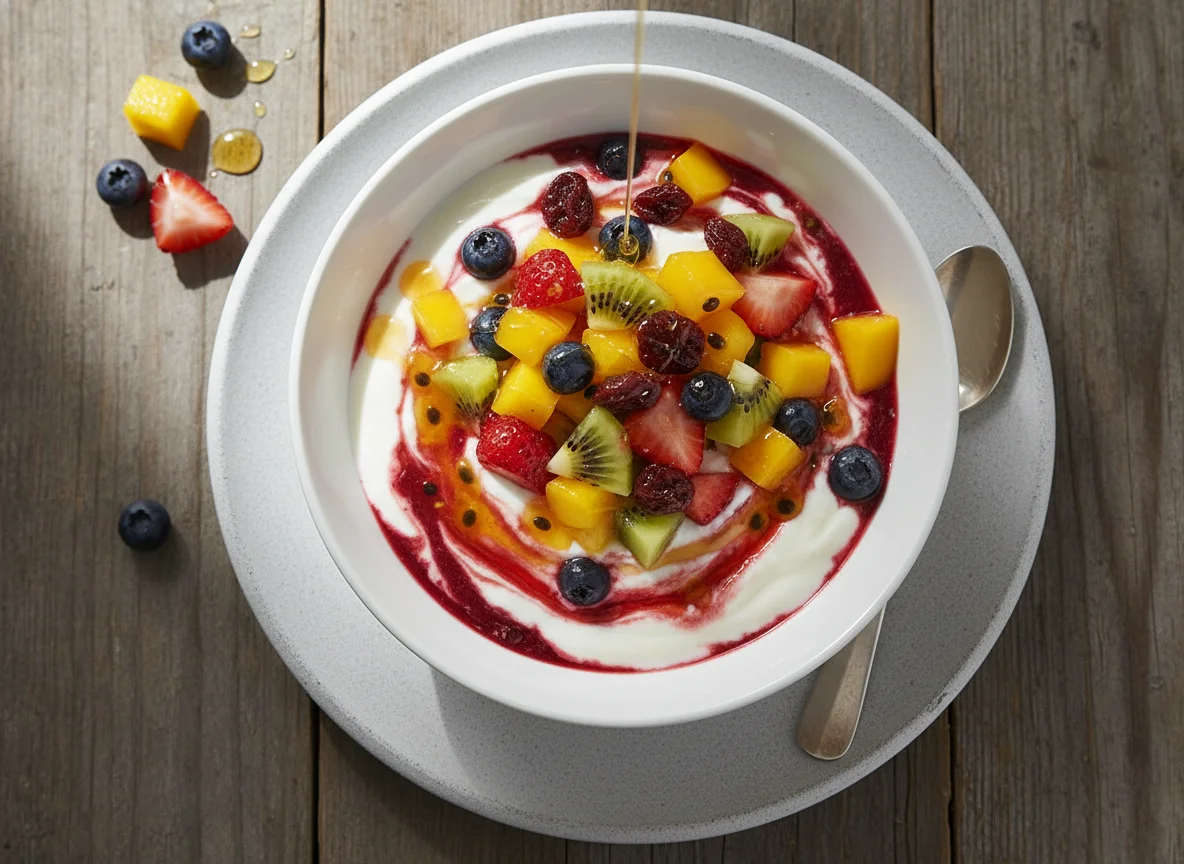 Iogurte com frutas e calda photo