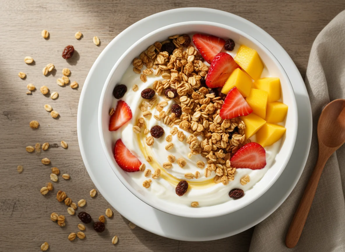 Iogurte com frutas e granola photo