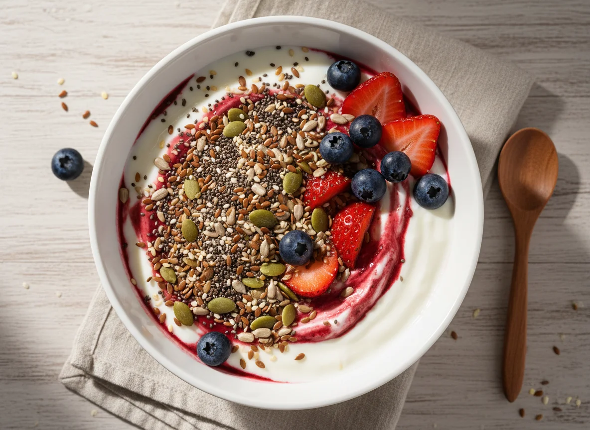 Iogurte com frutas e sementes photo
