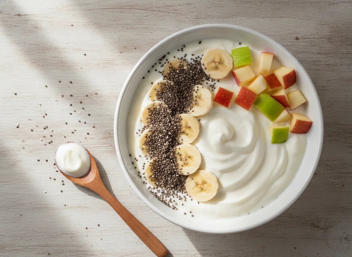 Iogurte com frutas e sementes de chia photo