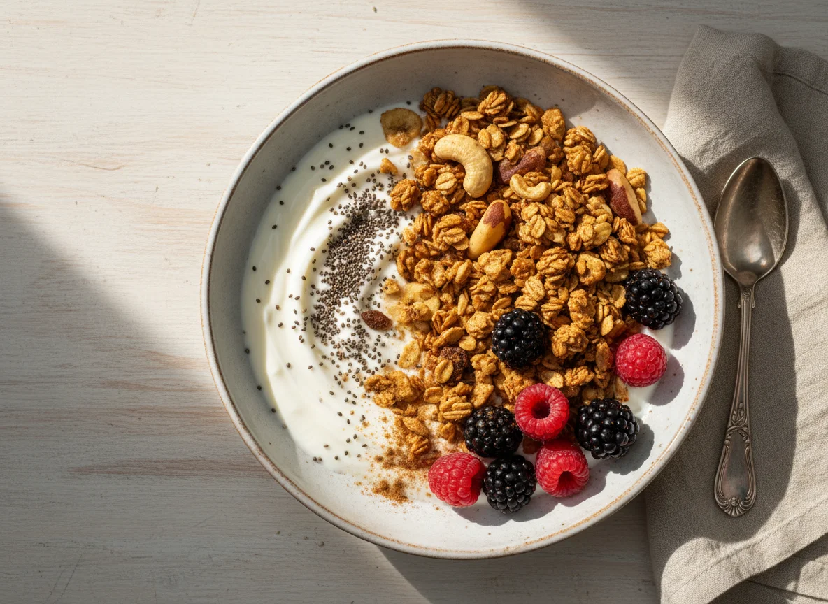 Iogurte com frutas, granola e chia photo