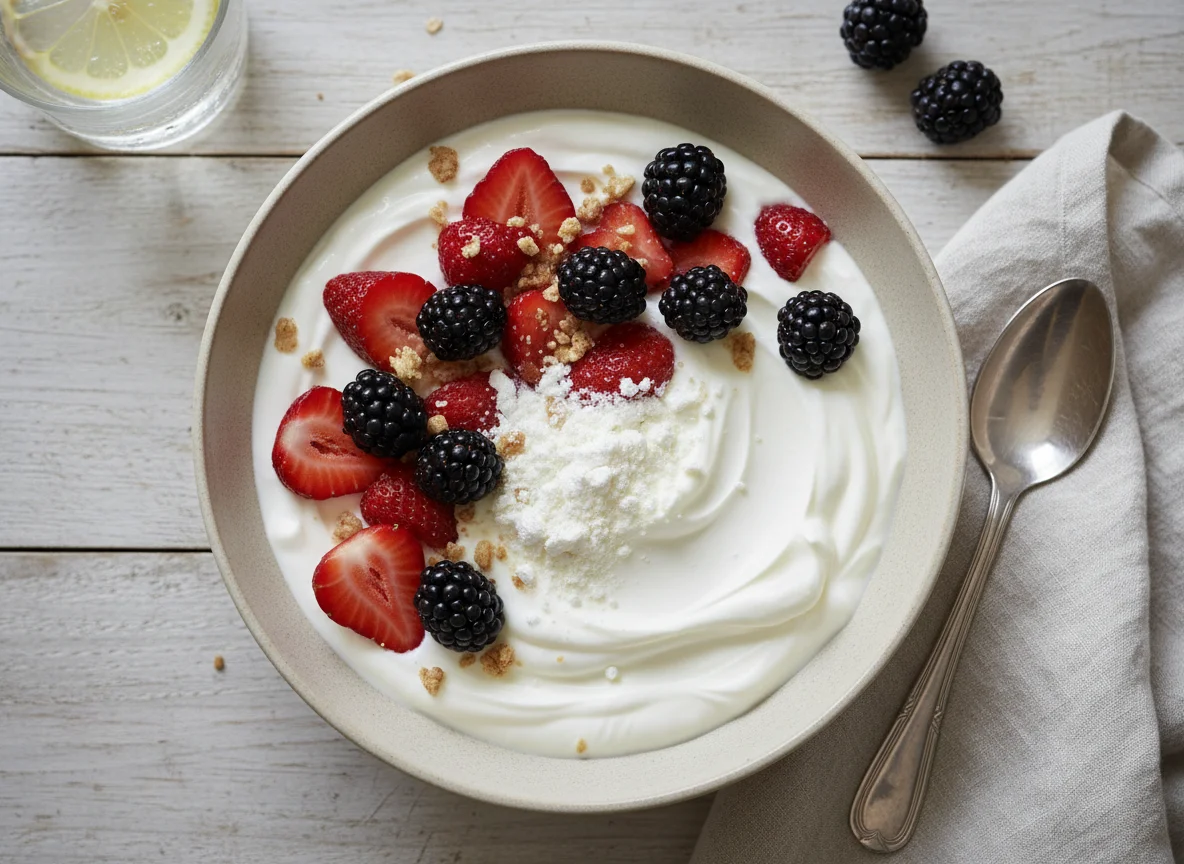 Iogurte com frutas vermelhas e proteína em pó photo