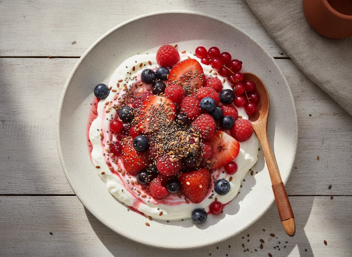 Iogurte com Frutas Vermelhas e Sementes photo