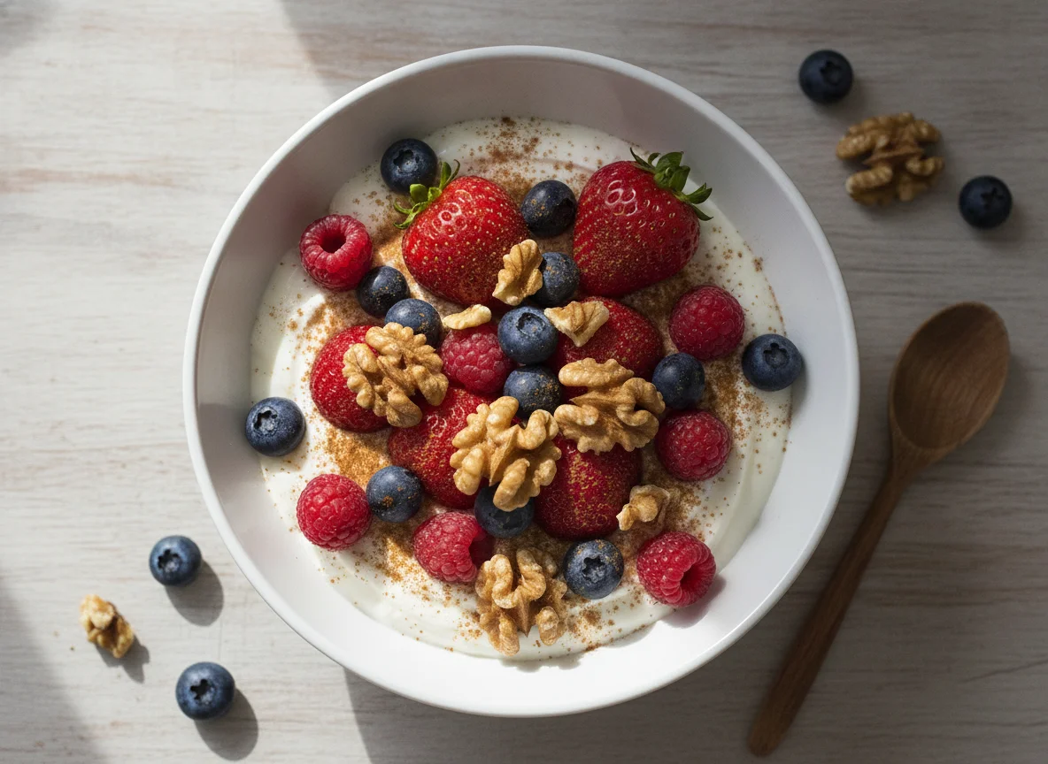 Iogurte com Frutos Vermelhos e Nozes photo