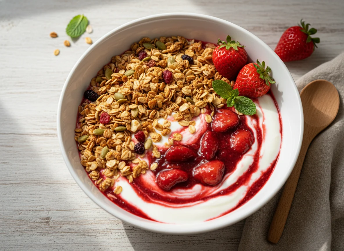 Iogurte com geleia de morango e granola photo