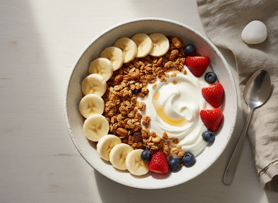 Iogurte com granola, banana e morango photo