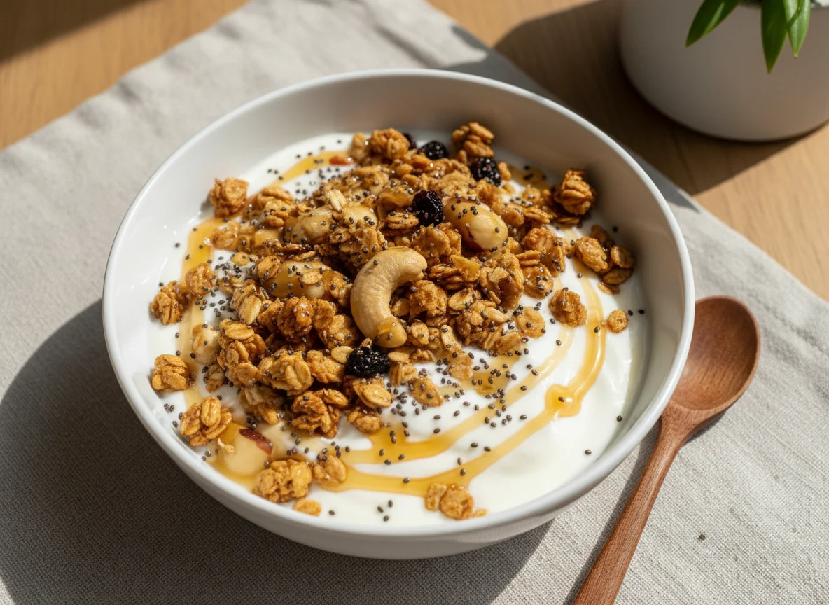 Iogurte com granola, chia e mel photo