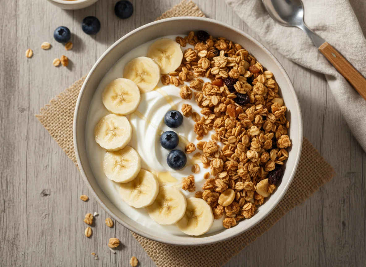 Iogurte com granola e banana photo