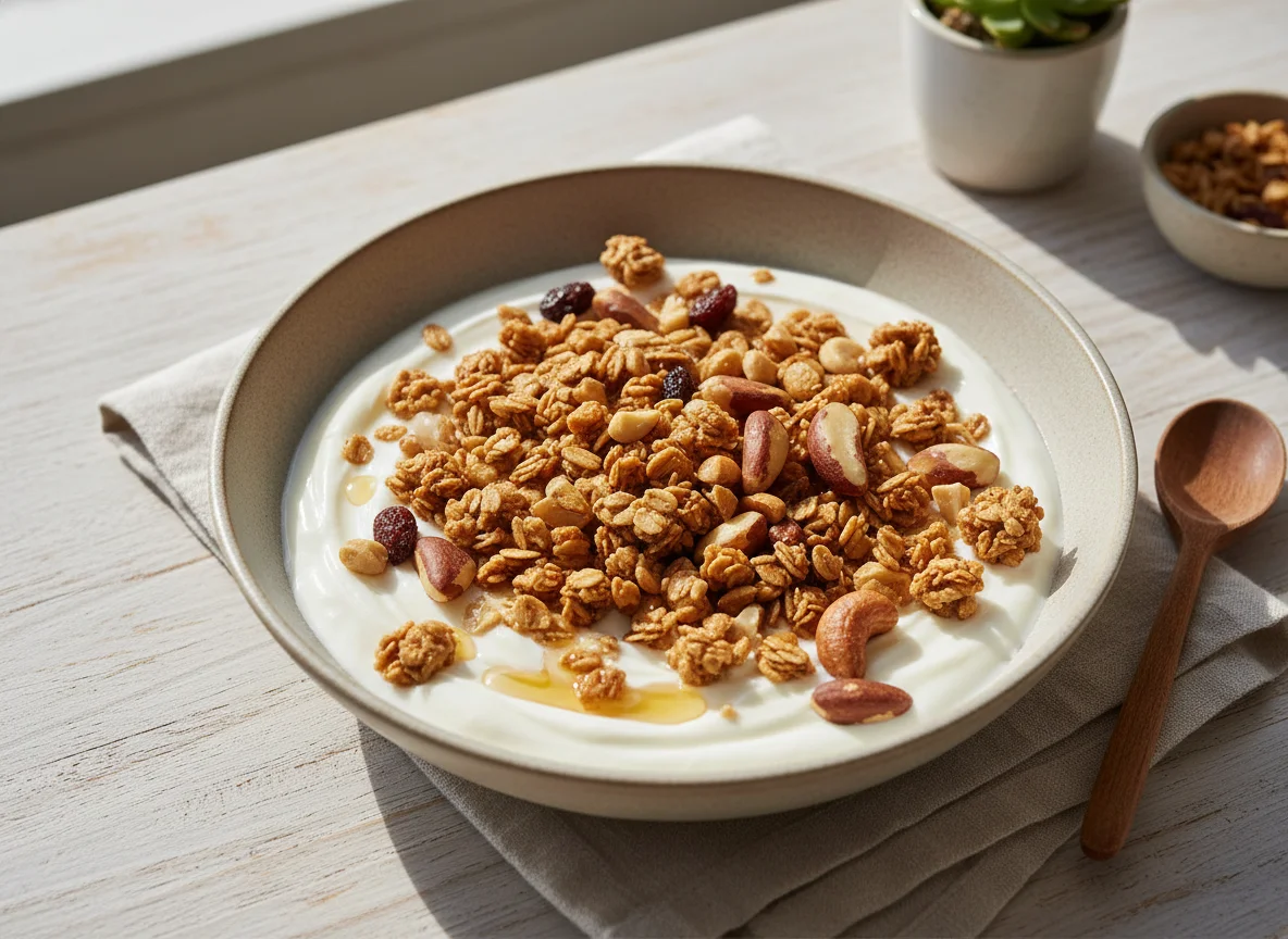 Iogurte com granola e castanhas photo