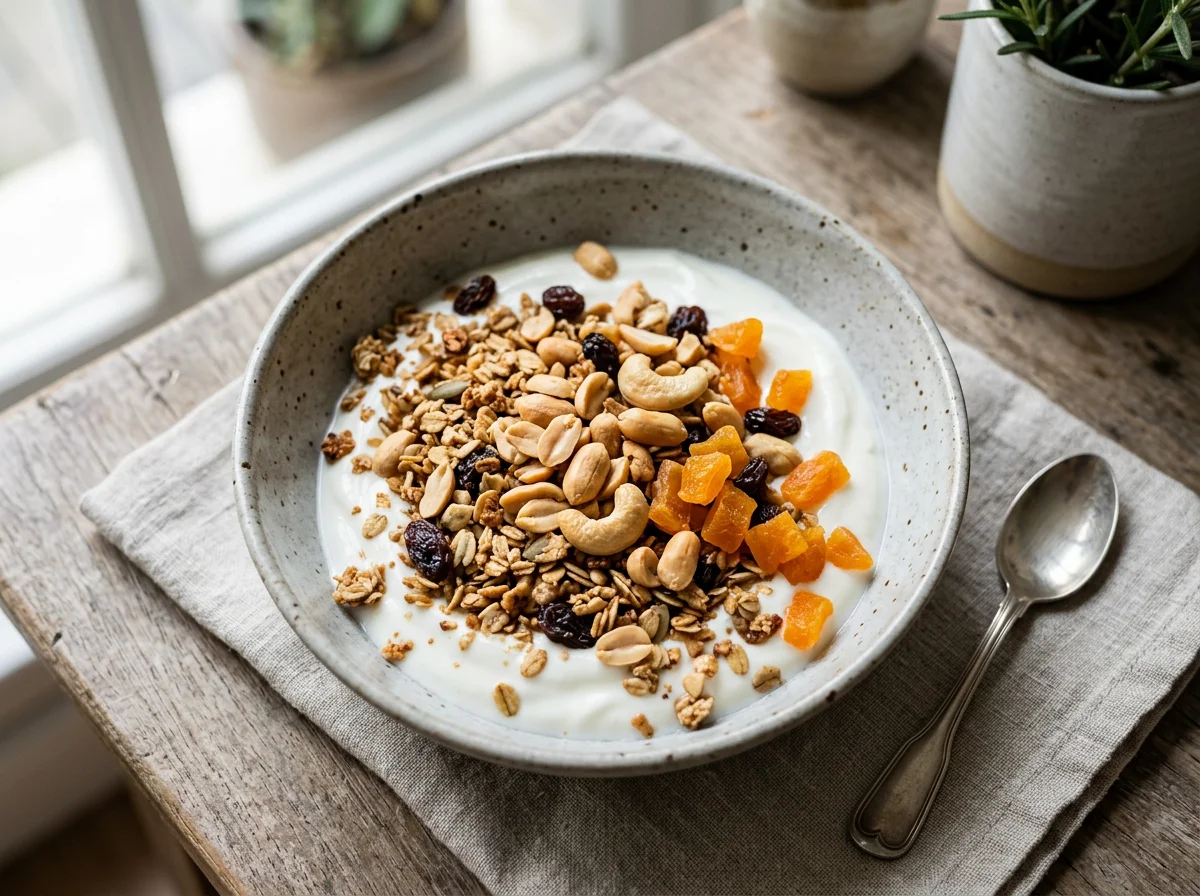 Iogurte com granola e frutas secas photo