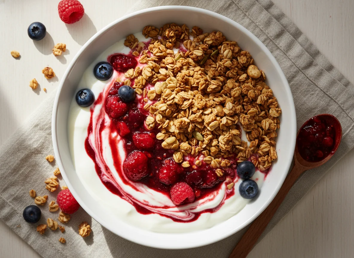 Iogurte com granola e geleia de frutas vermelhas photo