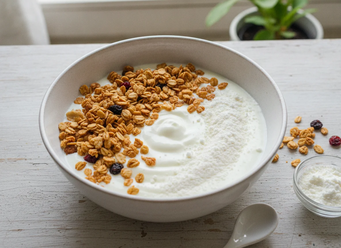 Iogurte com granola e leite em pó photo