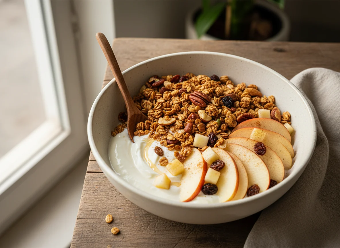 Iogurte com granola e maçã photo