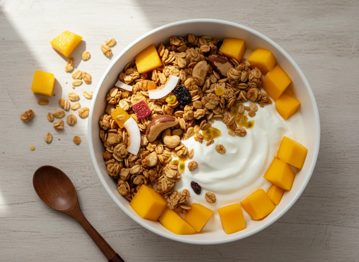Iogurte com granola e manga photo