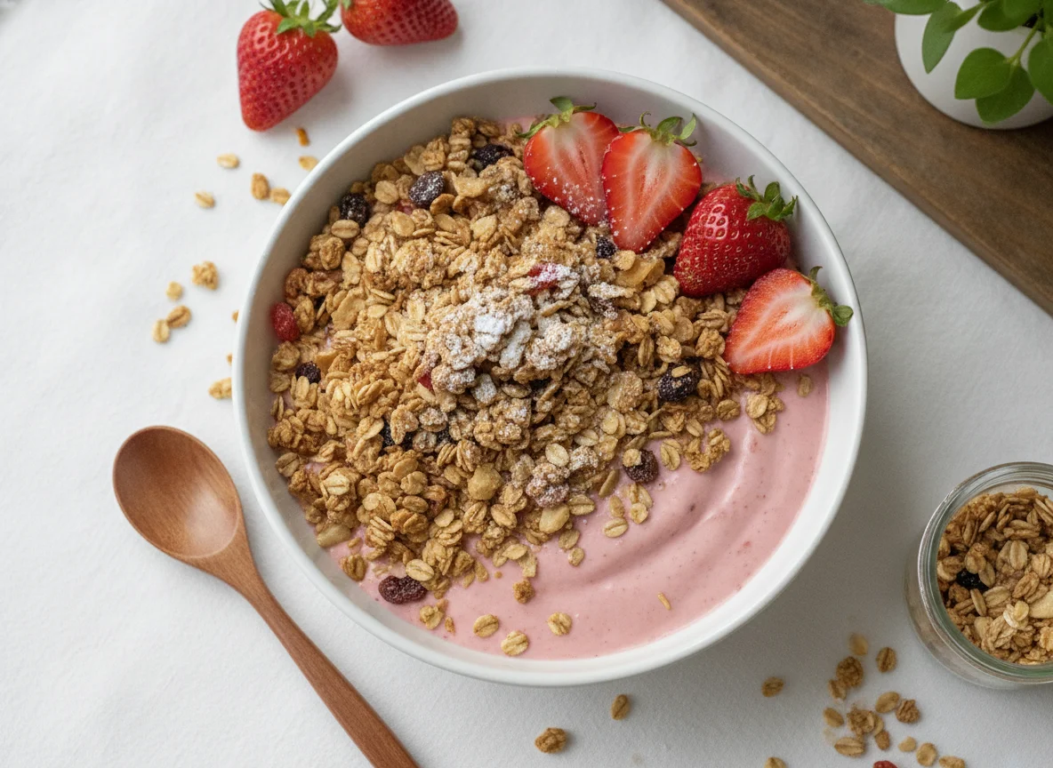 Iogurte com granola e morangos photo