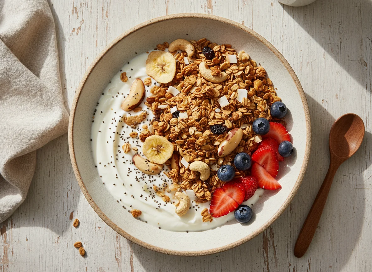 Iogurte com granola e sementes de chia photo