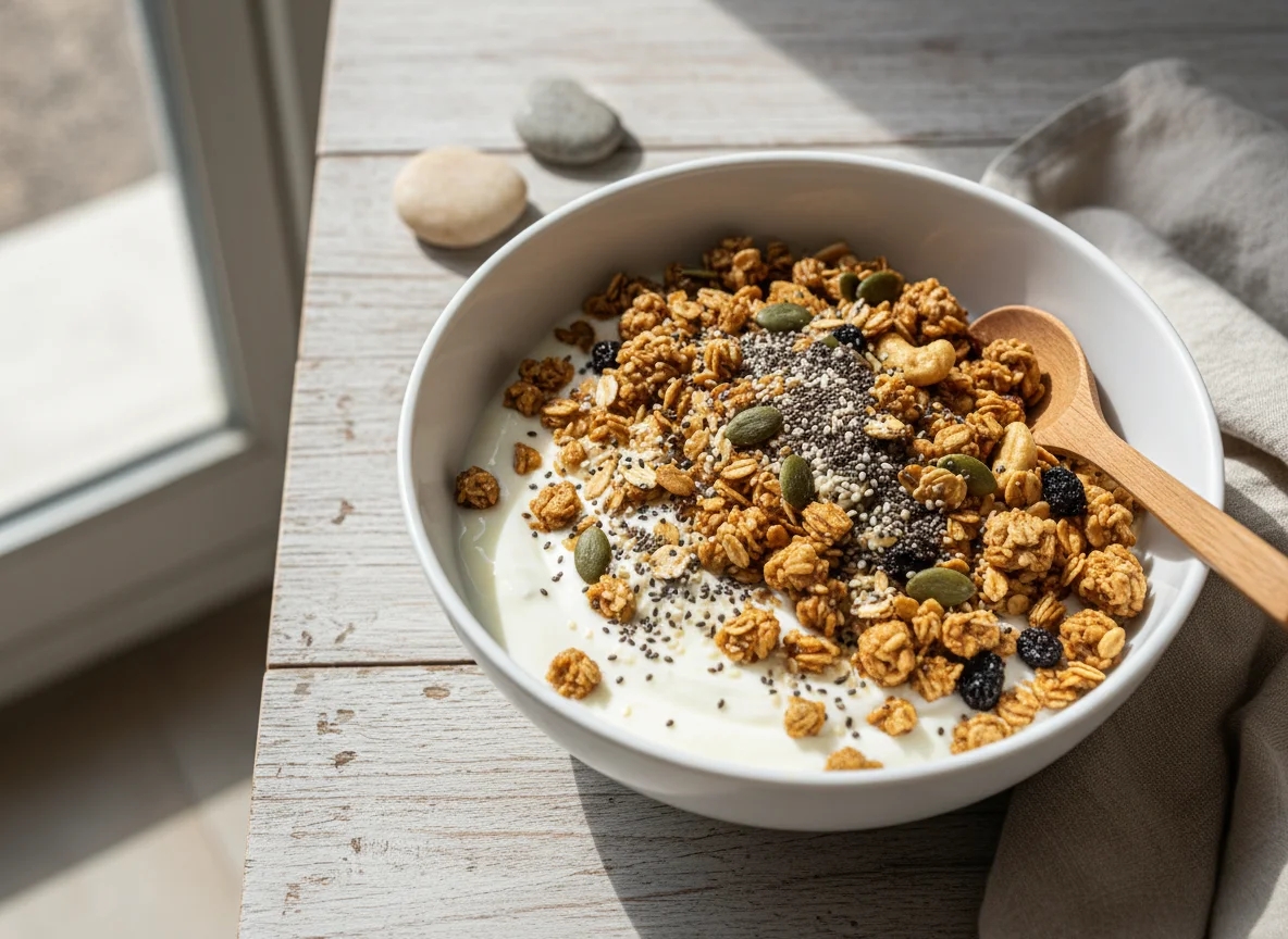 Iogurte com granola e sementes photo