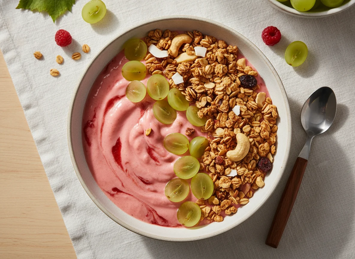 Iogurte com granola e uvas photo