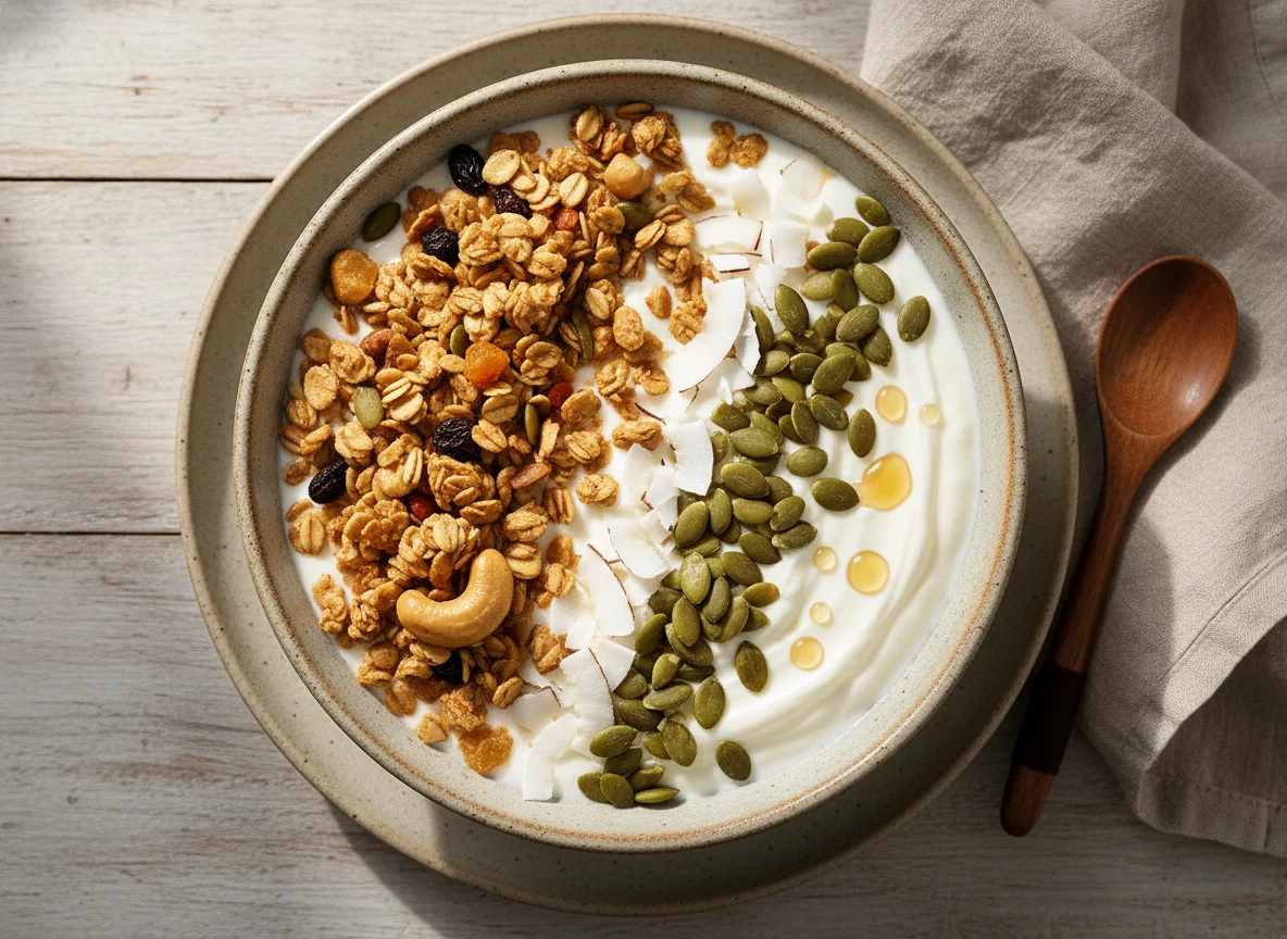 Iogurte com granola, sementes de abóbora e coco em lascas photo