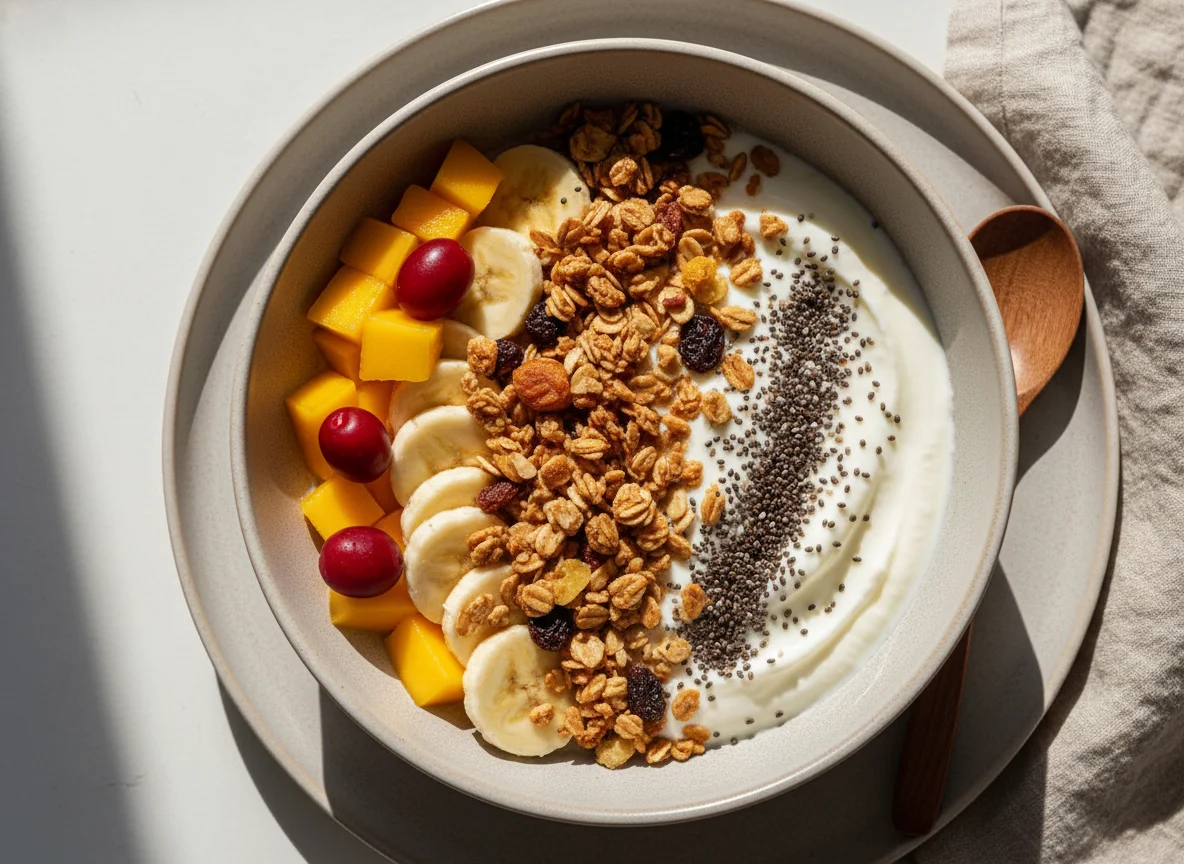 Iogurte com granola, sementes de chia e frutas photo