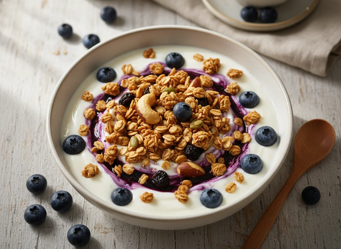 Iogurte com mirtilos e granola photo
